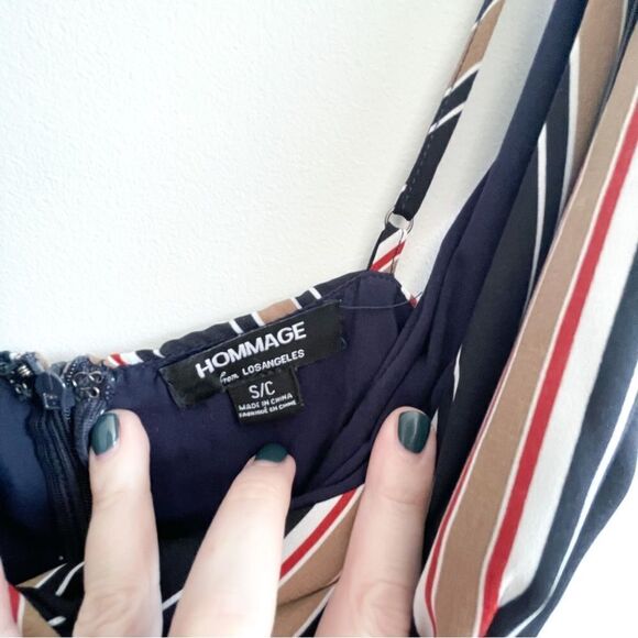 Hommage Deep V-Neck Striped Jumpsuit Black Tie Side Slit Women's S Back Zip - Picture 6 of 9